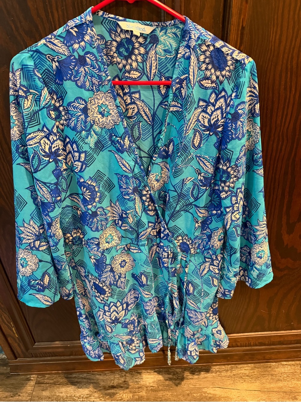 blue island Blue Floral V-Neck swim cover up - Turquoise & Navy